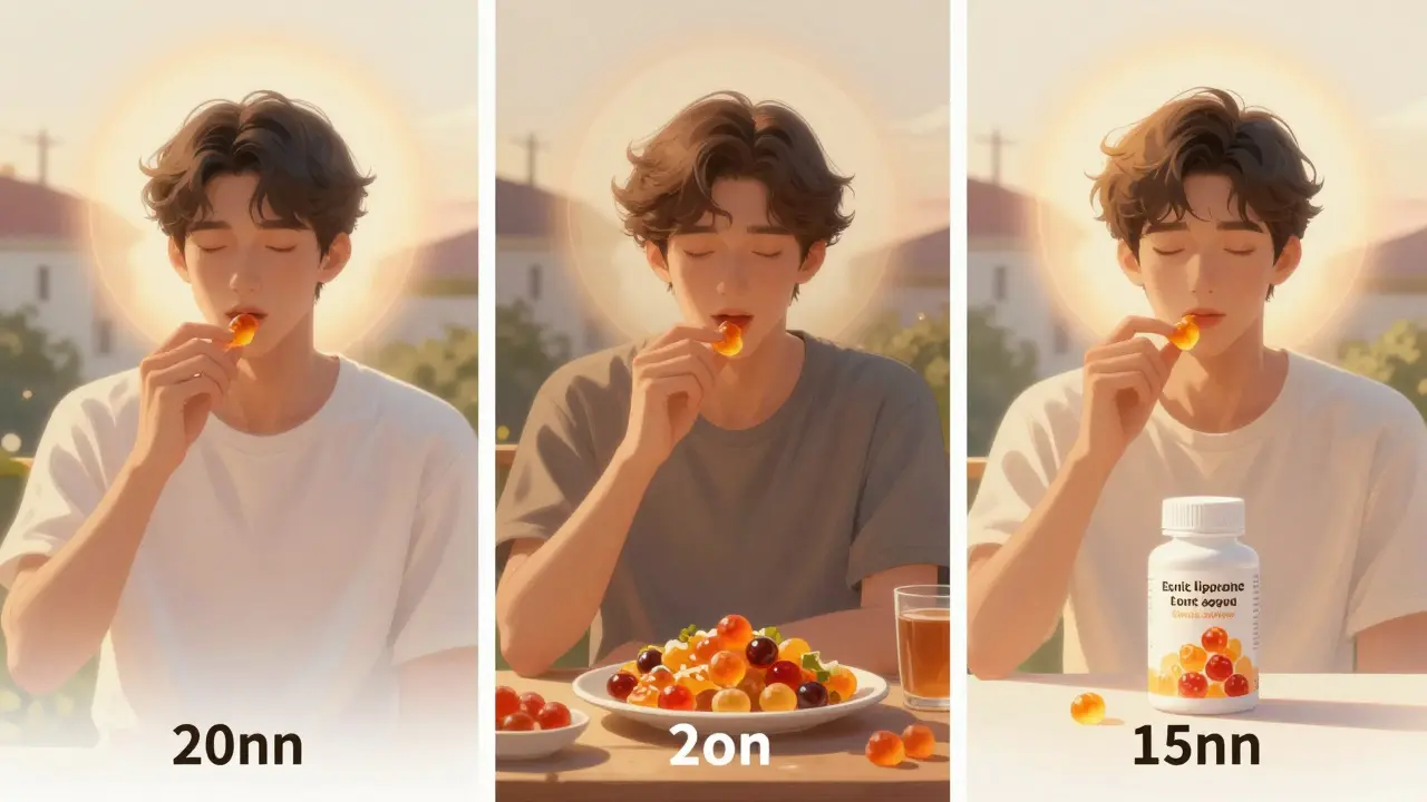 Tři lidé s různým časem začátku účinku HHC bonbónu, každý s jiným typem záře kolem hlavy.