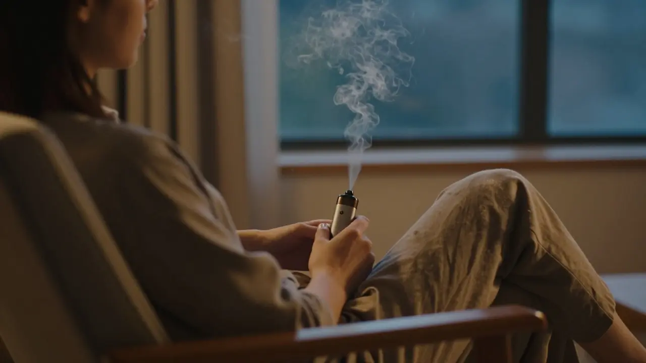 Uživatel relaxuje v tmavší místnosti s vapem v ruce.