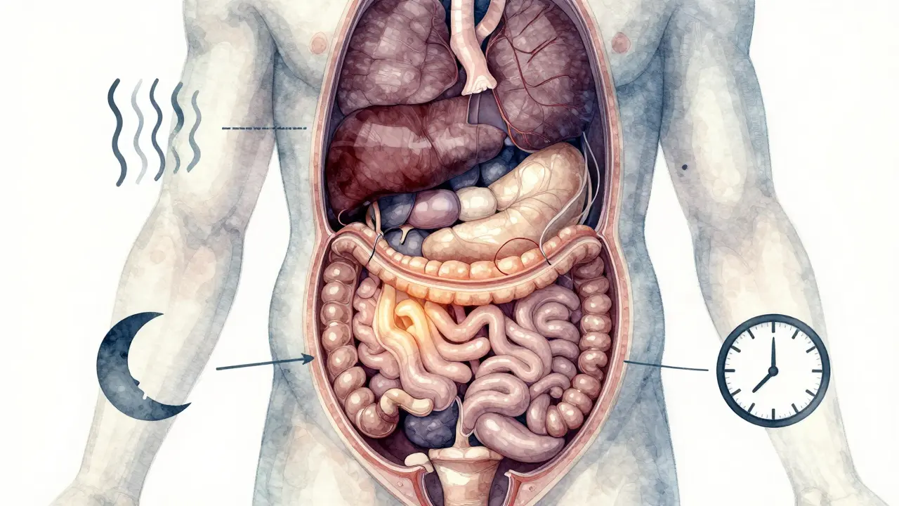 Vnitřní tuk kolem orgánů v těle, znázorněný jako žlutá vrstva s ikonami stresu a nespánku.