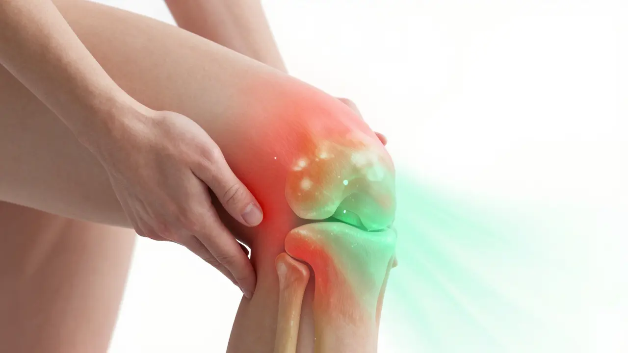 3D vizualizace kloubu, kde zelené světlo tlumí červený zánět v tkáních.