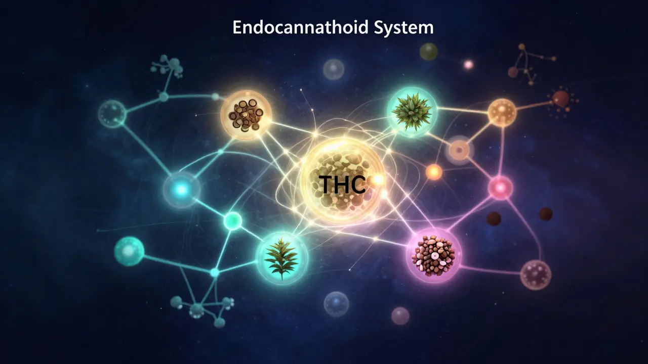 Abstraktní vizualizace receptorů v mozku s barevnými světly představujícími efekt entourage.