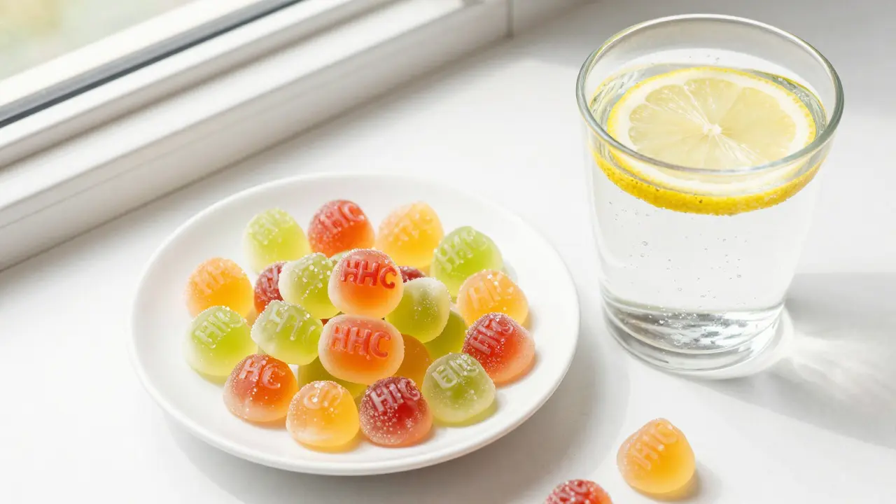 Barevné HHC želé bonbony na bílém talíři vedle sklenice vody.