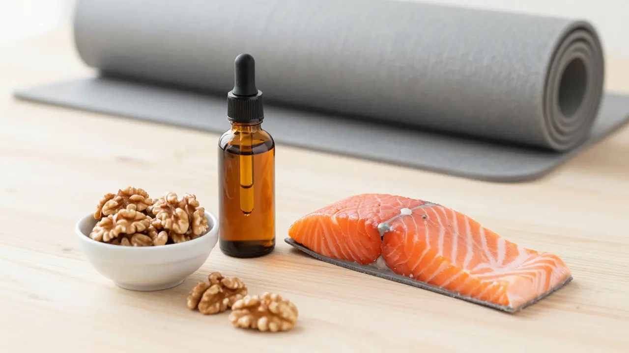 CBD olej, zdravá strava a jógová podložka na stole