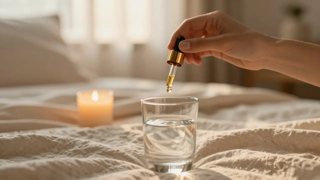 Detail ruky s CBD olejem v útulném a uklidňujícím prostředí ložnice.