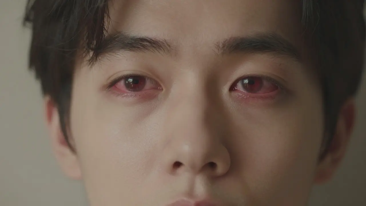 Detail zčervenalých očí mladého člověka s rozemylým a relaxovaným výrazem.