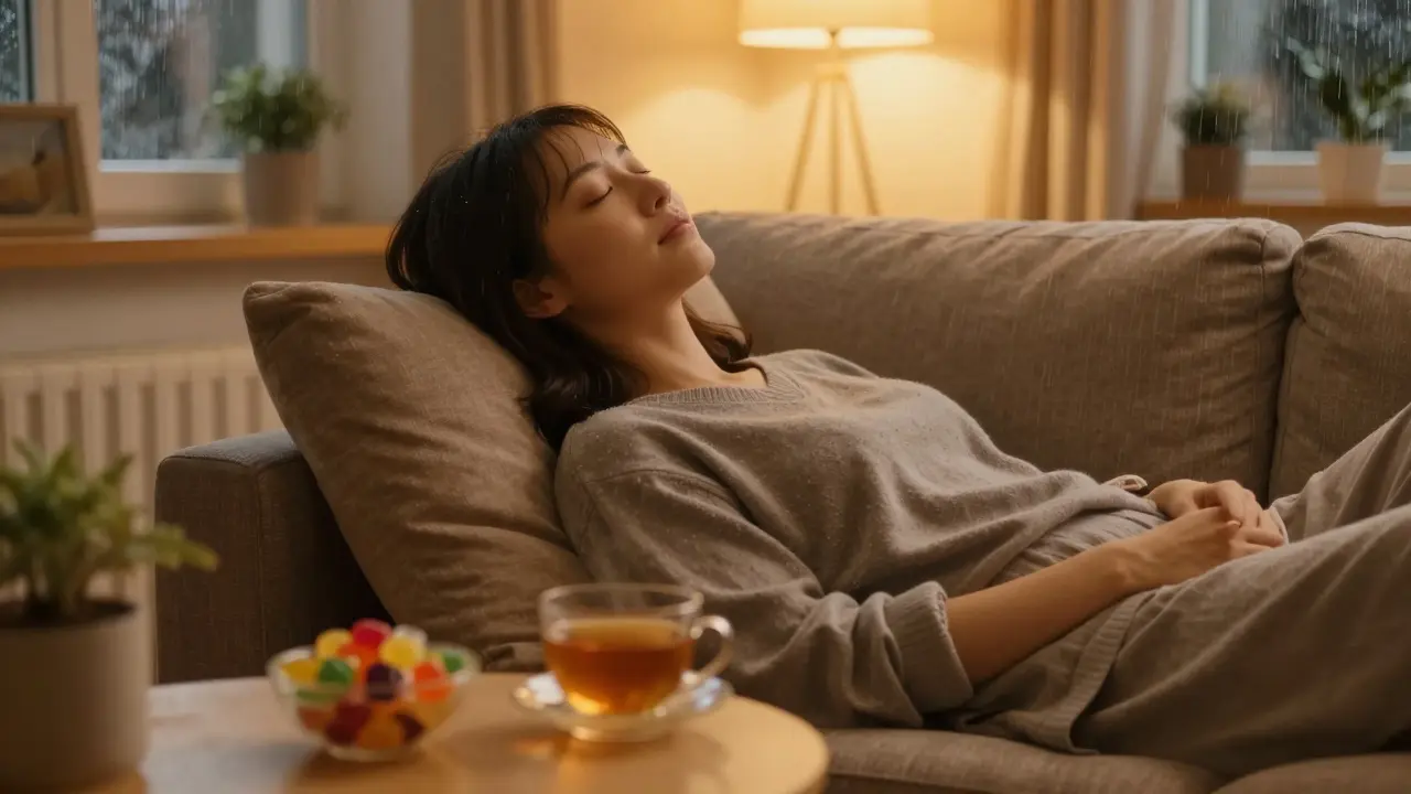 Klidný člověk relaxující na pohovu po užití CBD bonbonů.