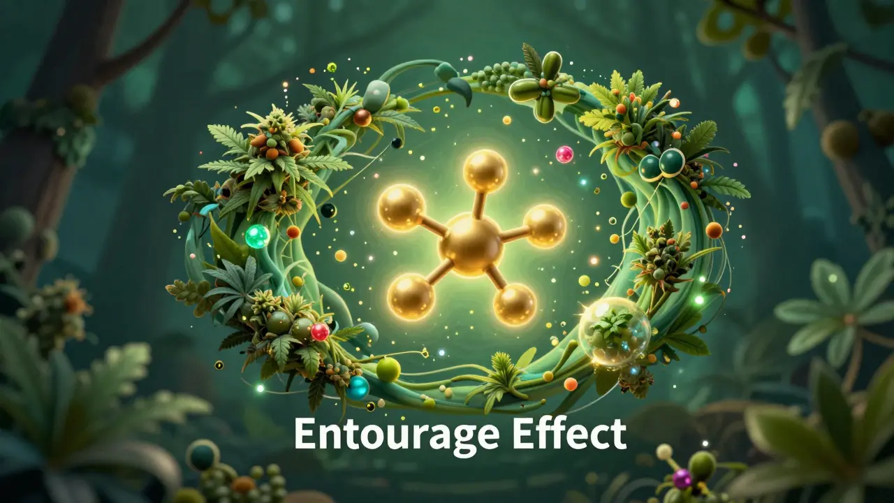 Konceptuální ilustrace entourage efektu s CBD a terpeny.