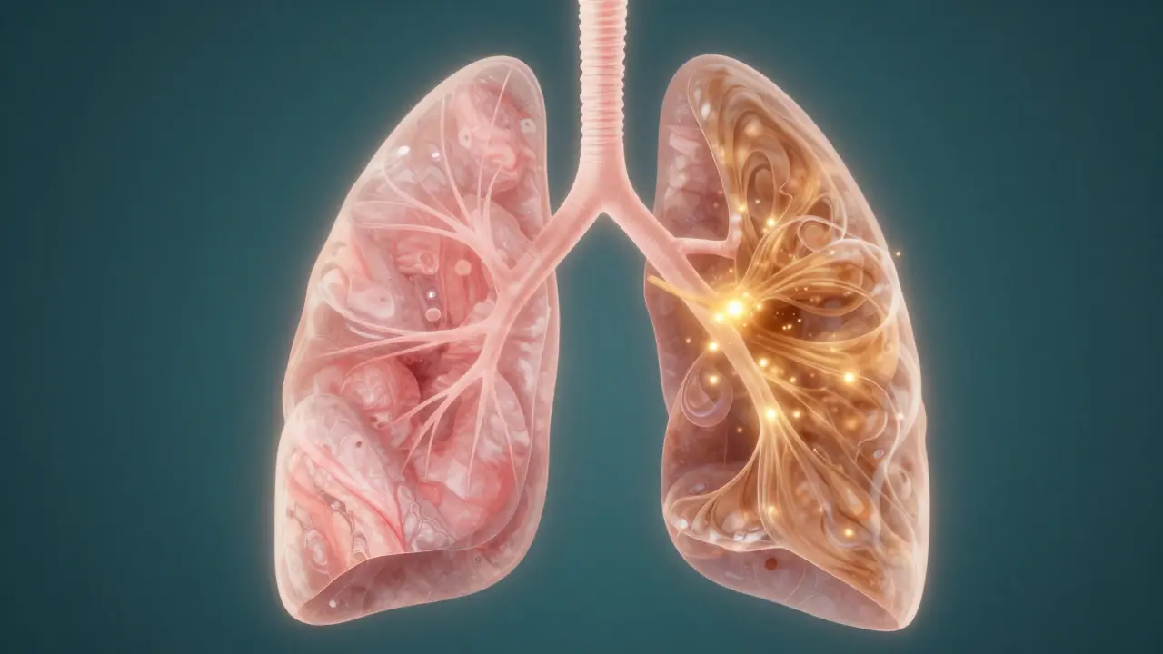 Konceptuální ilustrace lidských plic s vizualizací pronikání olejů do alveolů.