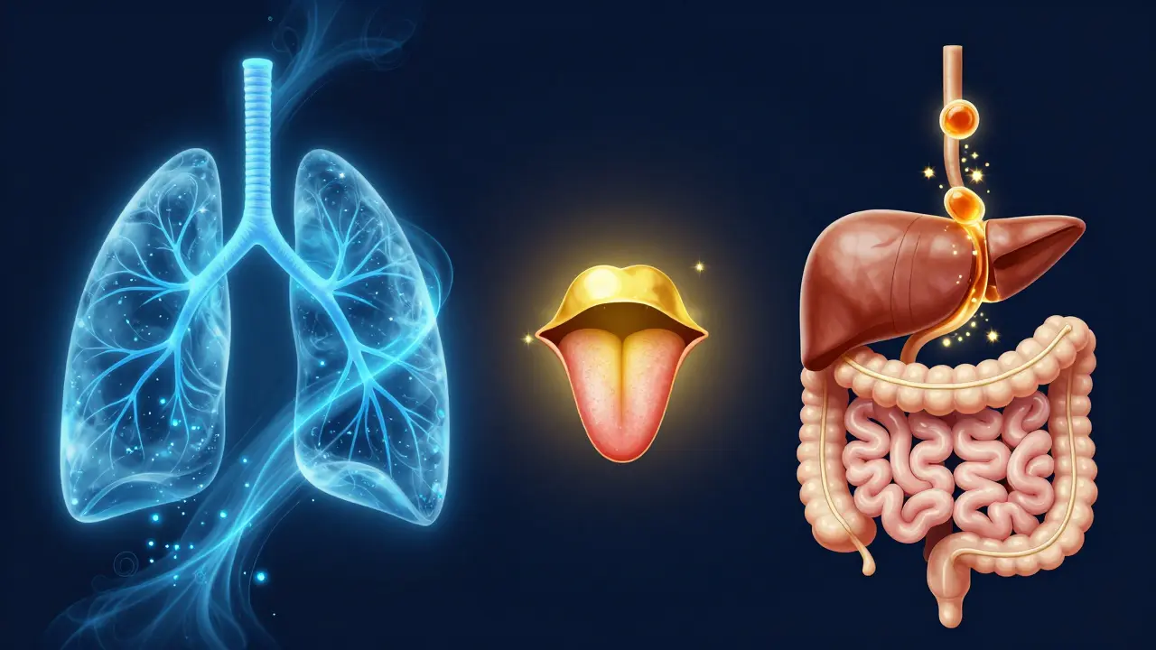 Konceptuální ilustrace různých cest vstřebávání CBD do těla.