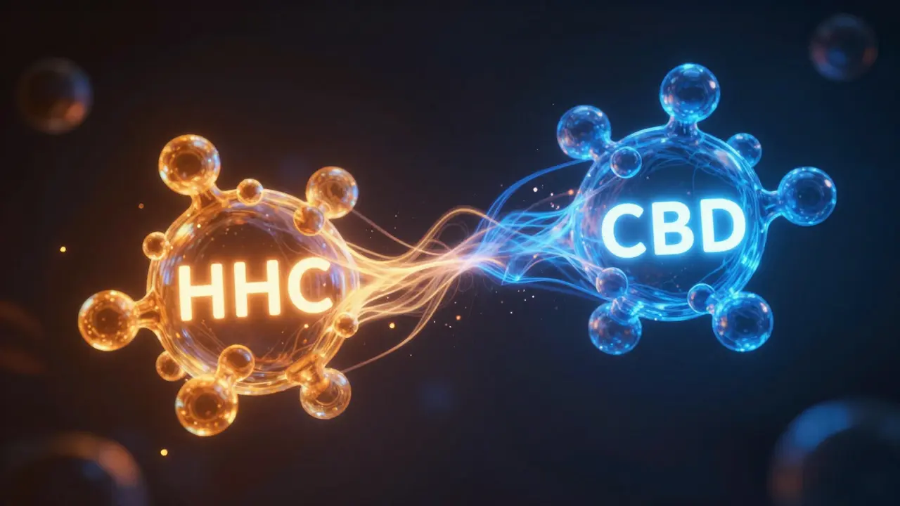 Konceptuální znázornění synergie mezi molekulami HHC a CBD.