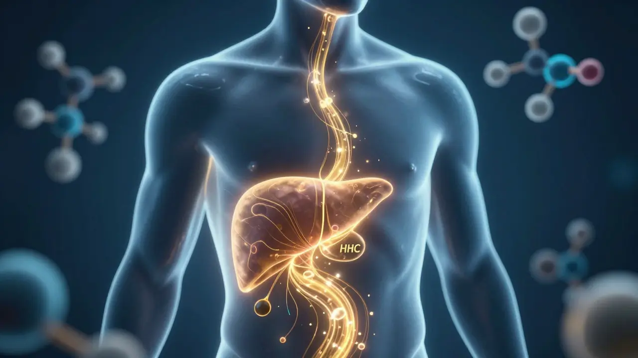 Konceptuální zobrazení cesty HHC z žaludku do jater v těle.