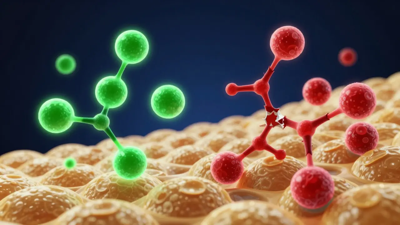 Konceptuální zobrazení molekul THC ukládajících se do tukových buněk.