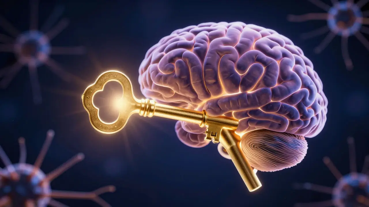 Konceptuální zobrazení molekuly THCP se připojující k receptorům v mozku.