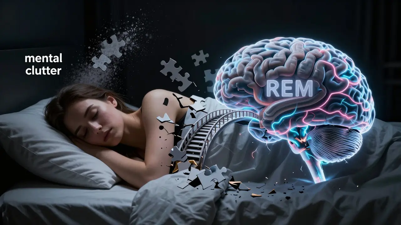 Konceptuální zobrazení potlačené REM fáze spánku a mentálního chaosu v mozku.