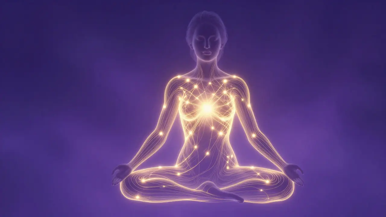 Konceptuální zobrazení relaxace a endocannabinoidního systému v těle ženy.