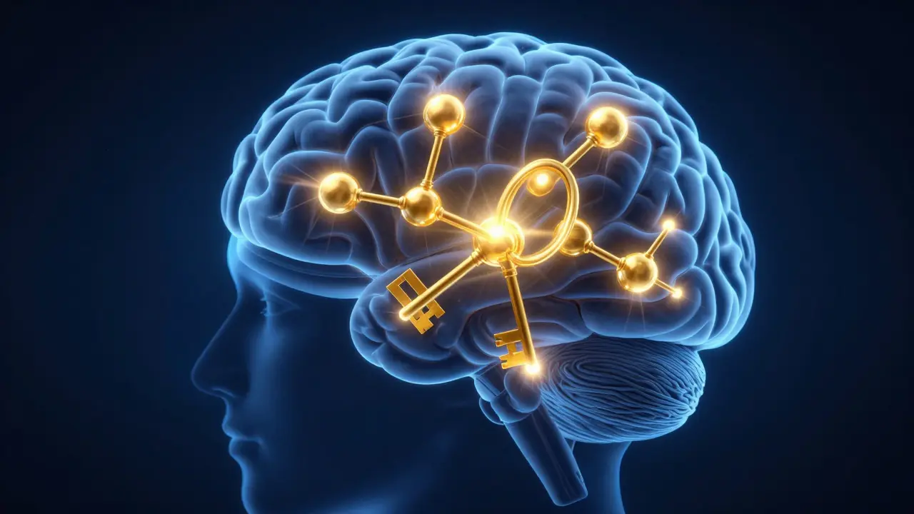 Konceptuální zobrazení vázání THCP molekul na receptory v mozku.