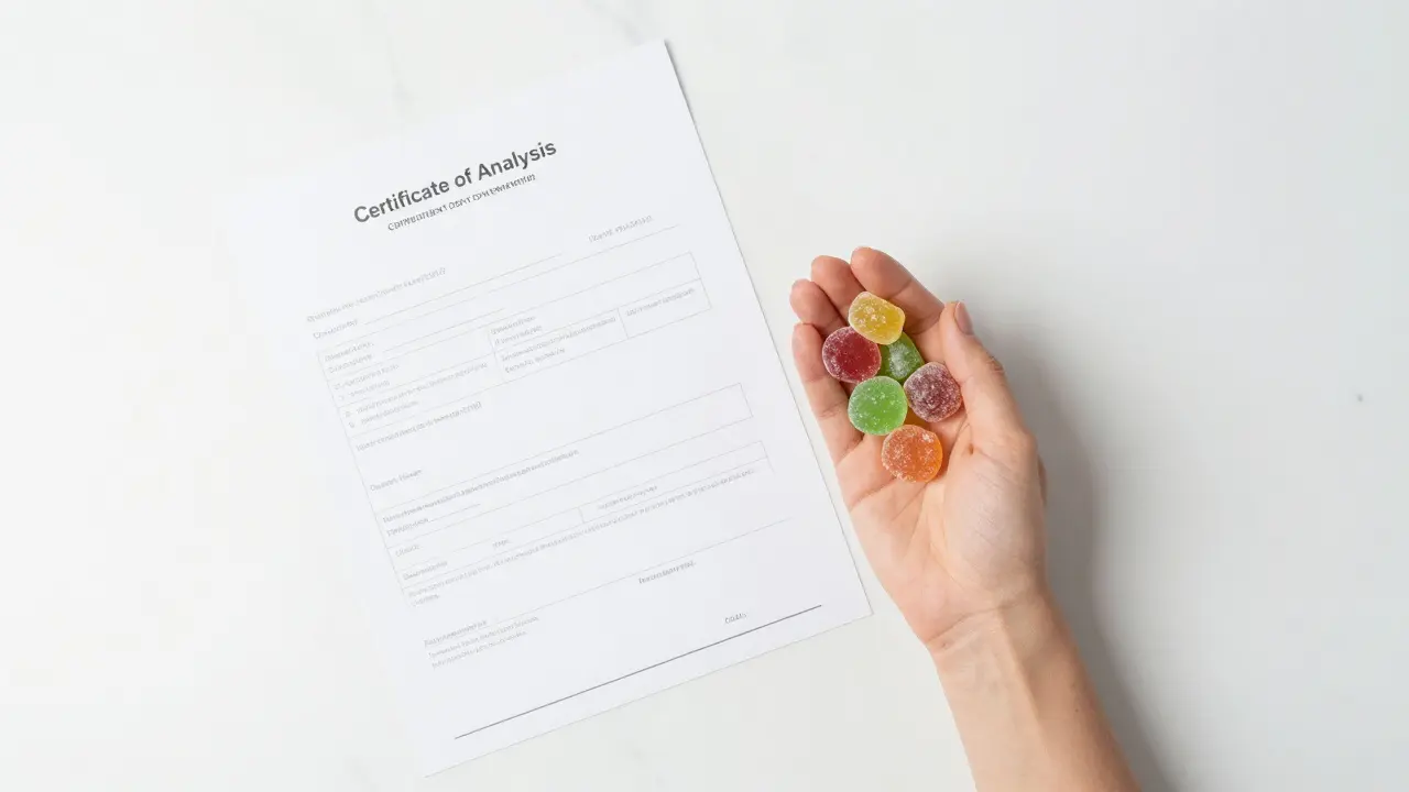Konopné bonbony vedle laboratorní zprávy CoA na mramorovém stole.