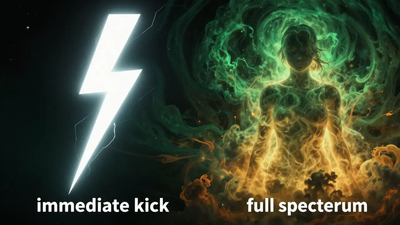 Kresba znázornující rozdíl mezi ostrým efektem distilátu a hlubokým Full Spectrum vapy.