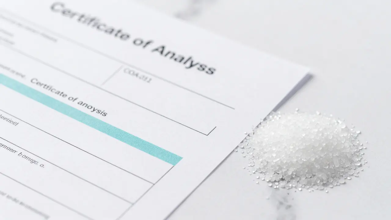 Laboratorní certifikát COA a čisté krystaly CBD izolátu na bílém povrchu.