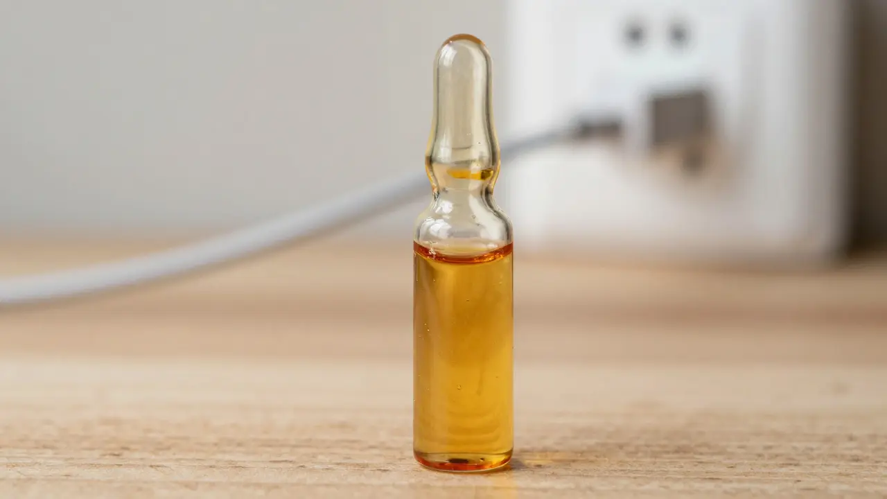 Makro detail lahvičky s hustým zlatavým THC olejem na dřevěném stole.