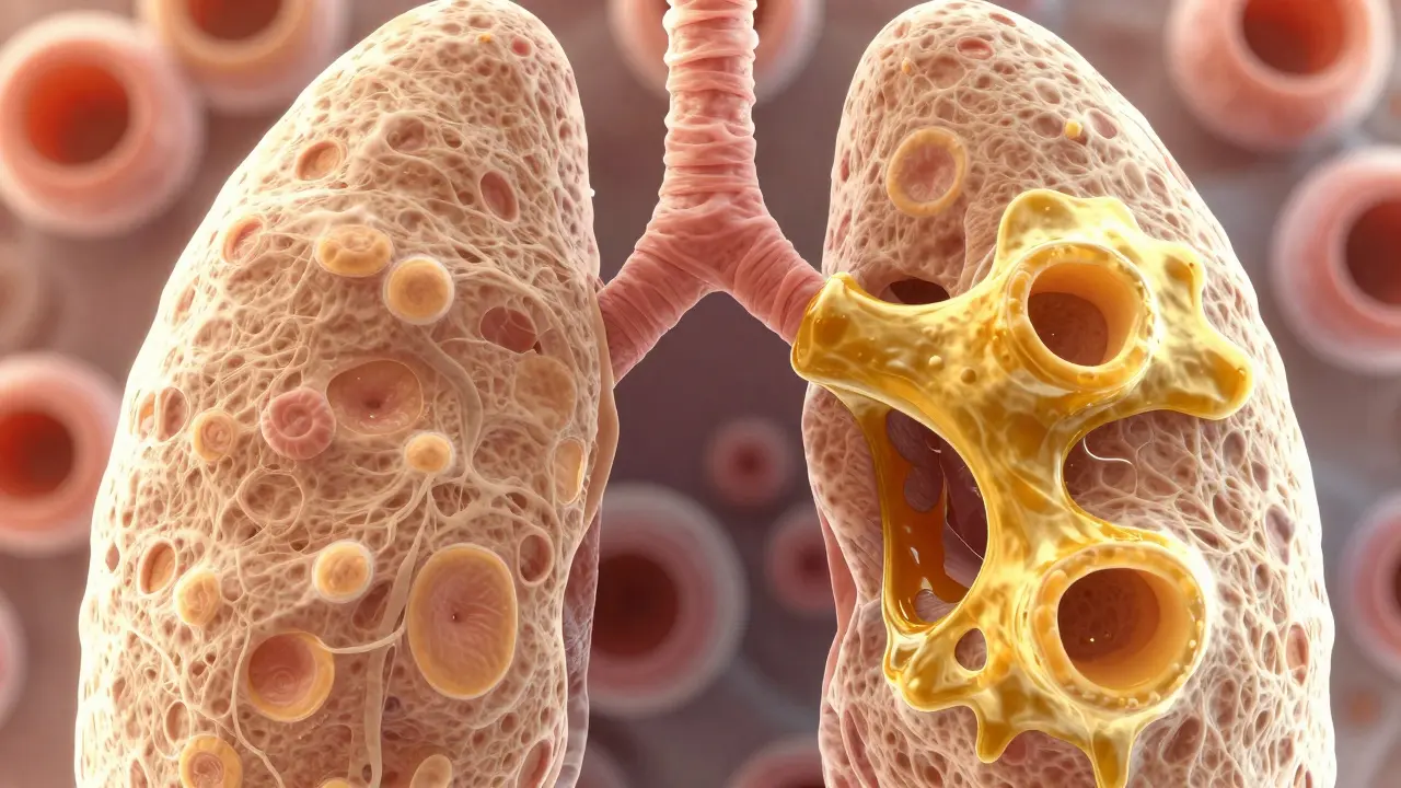 Mikroskopický pohled na alveoly v plicích zablokované viskózním olejem.