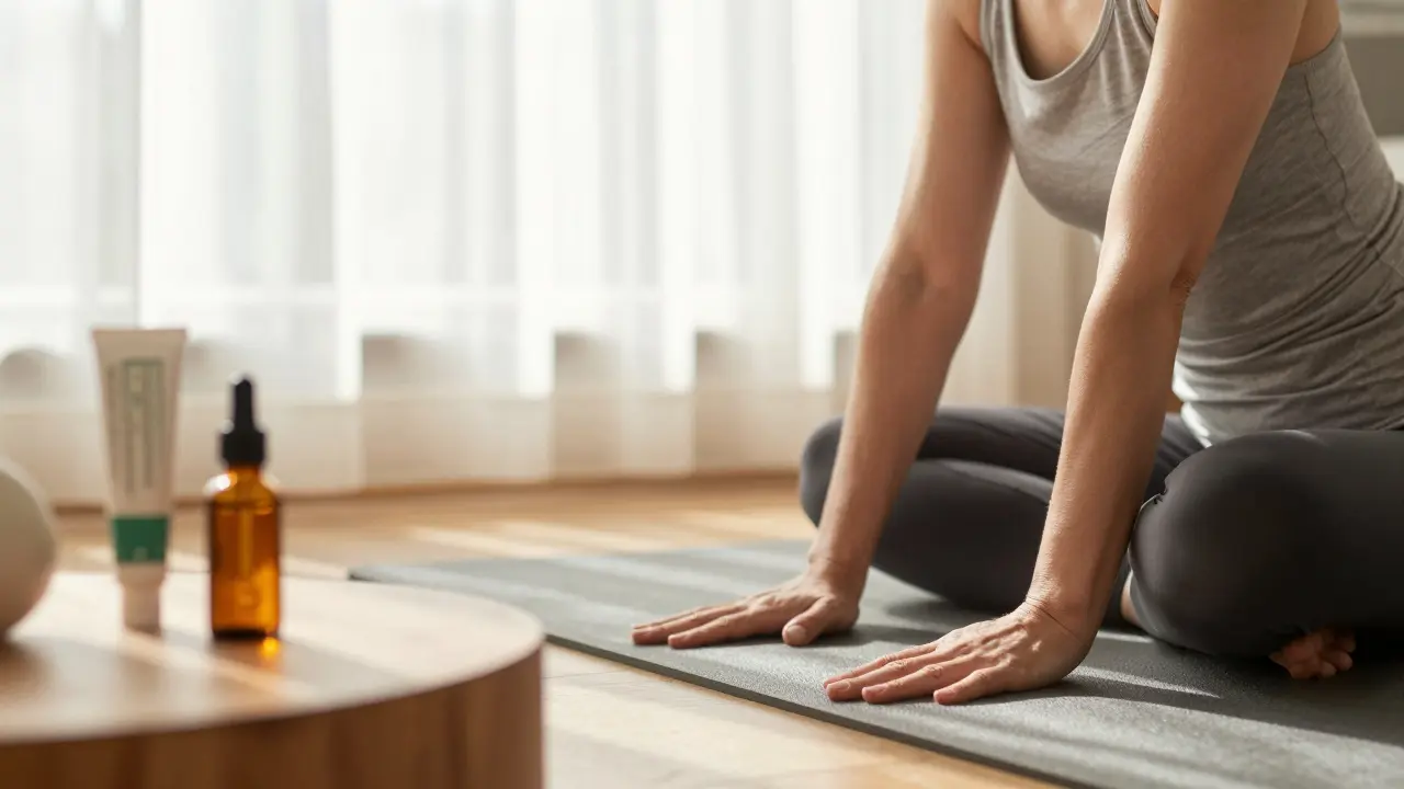 Osoba při jemném protahování s lahvičkou CBDvého oleje v pozadí.