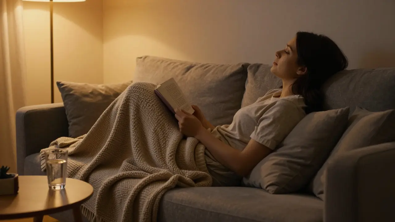 Osoba relaxující na pohovce s knihou v útulně osvětleném pokoji.