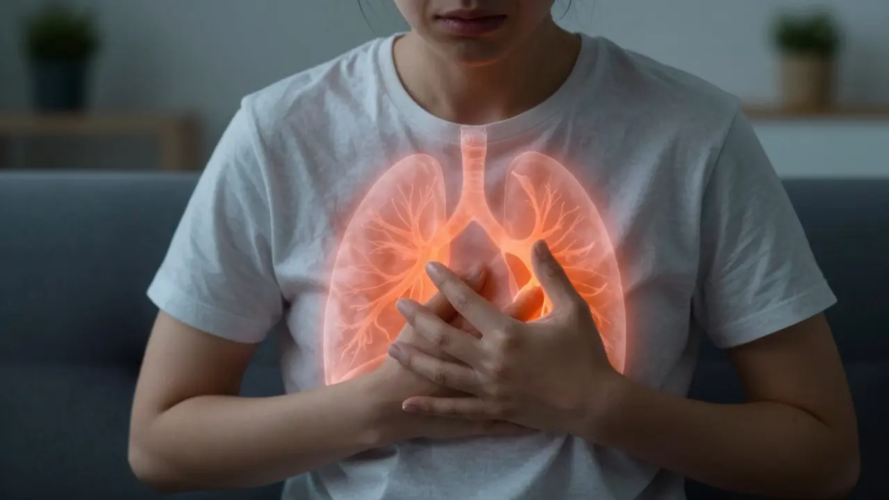 Osoba s pocitem tlaku v hrudníku s jemným grafickým znázorněním zúžených průdušek.