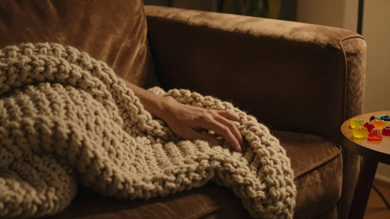 Osoba zabalená v těžké přikrývce na pohovuzi s bonbony vedle sebe, znázorňující hluboký klid THCP.