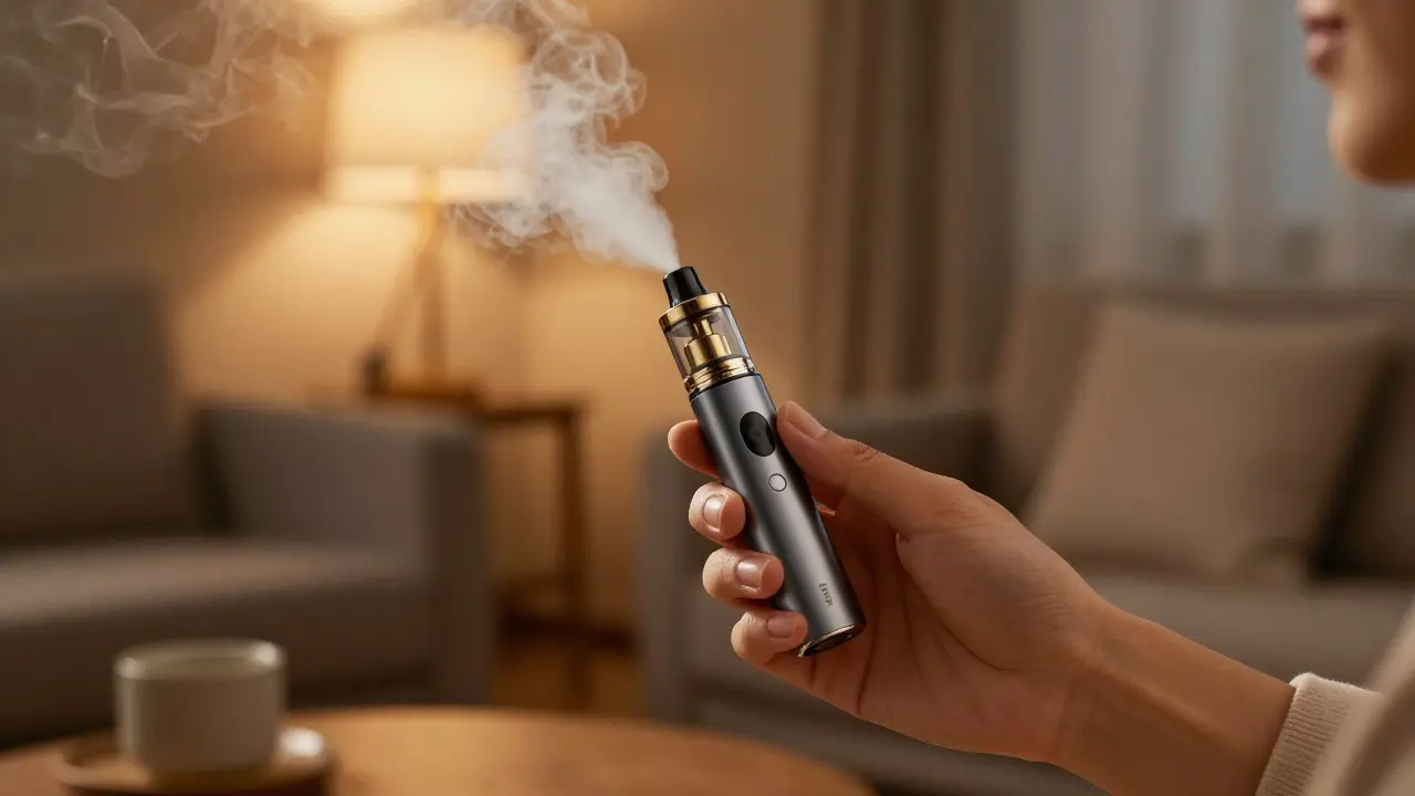 Ruka s CBD vape penem vytvářející jemný mrak páry v útulném prostředí.