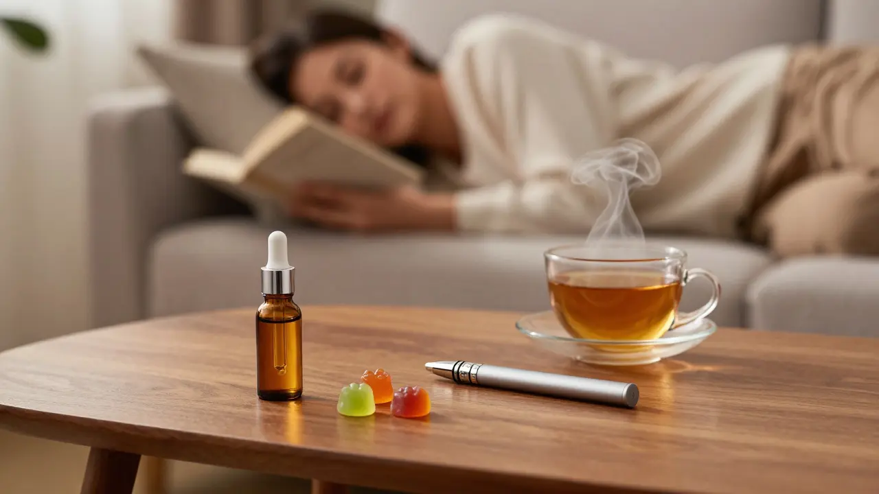 Sada CBD produktů na stole vedle pohodlně odpočívající osoby v útulném obývacím pokoji.