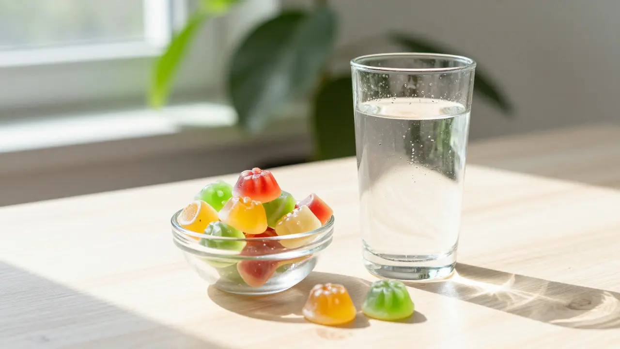 Sklenice vody a THC bonbony na stole jako zdravá alternativa k vapování.