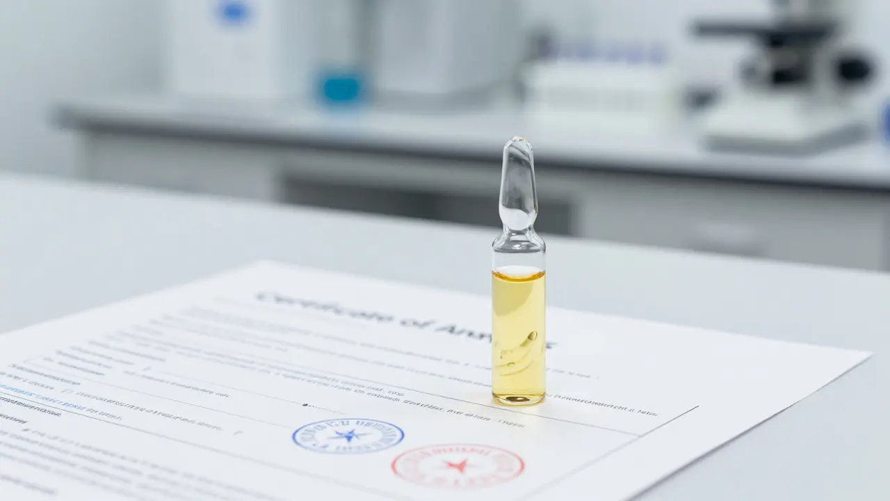 Skvařený olej v lahvičce vedle laboratorního certifikátu kvality.