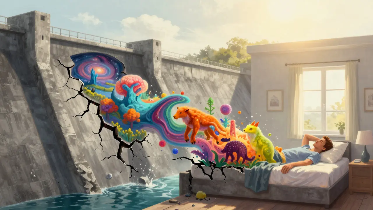 Surrealistický obraz praskající přehrady symbolizující návrat intenzivních snů.