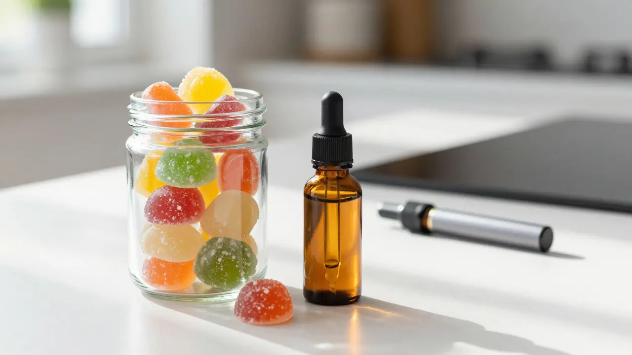 Zdravé alternativy k vapingu: THC gumové bonbony a tinktura na stole.