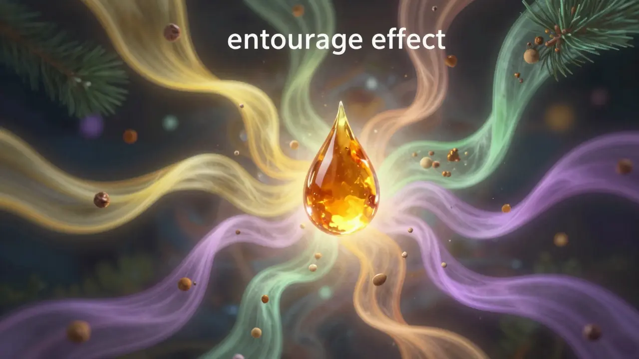 Abstraktní ilustrace entourage efektu s barevnými prouky terpenů kolem živice