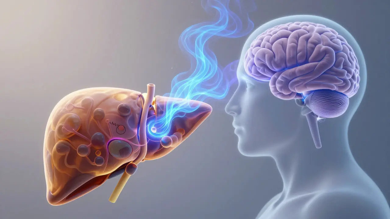 Abstraktní ilustrace metabolismu THC v játrech a mozku