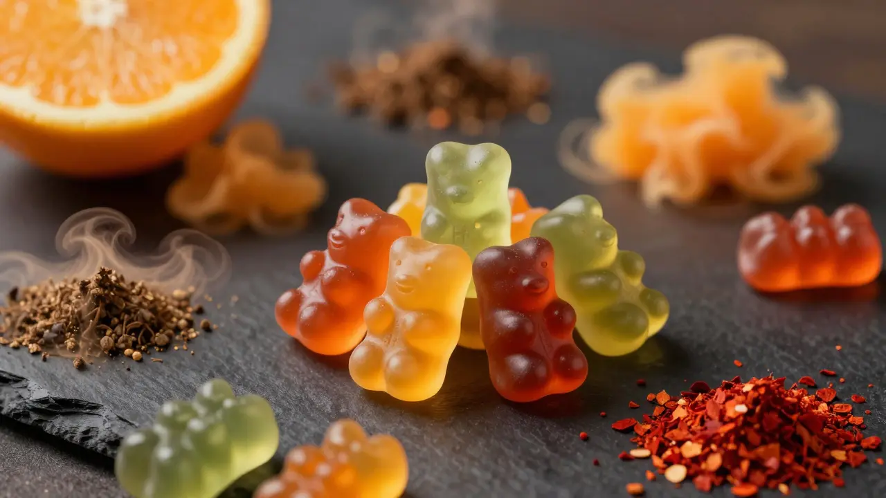 Barevné HHC gummies obklopené vizualizacemi různých terpenů