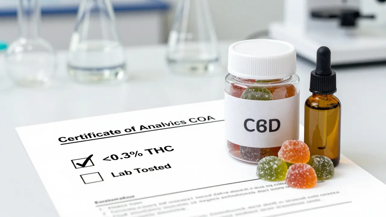 CBD gummy medvídky vedle certifikátu analýzy v laboratoři