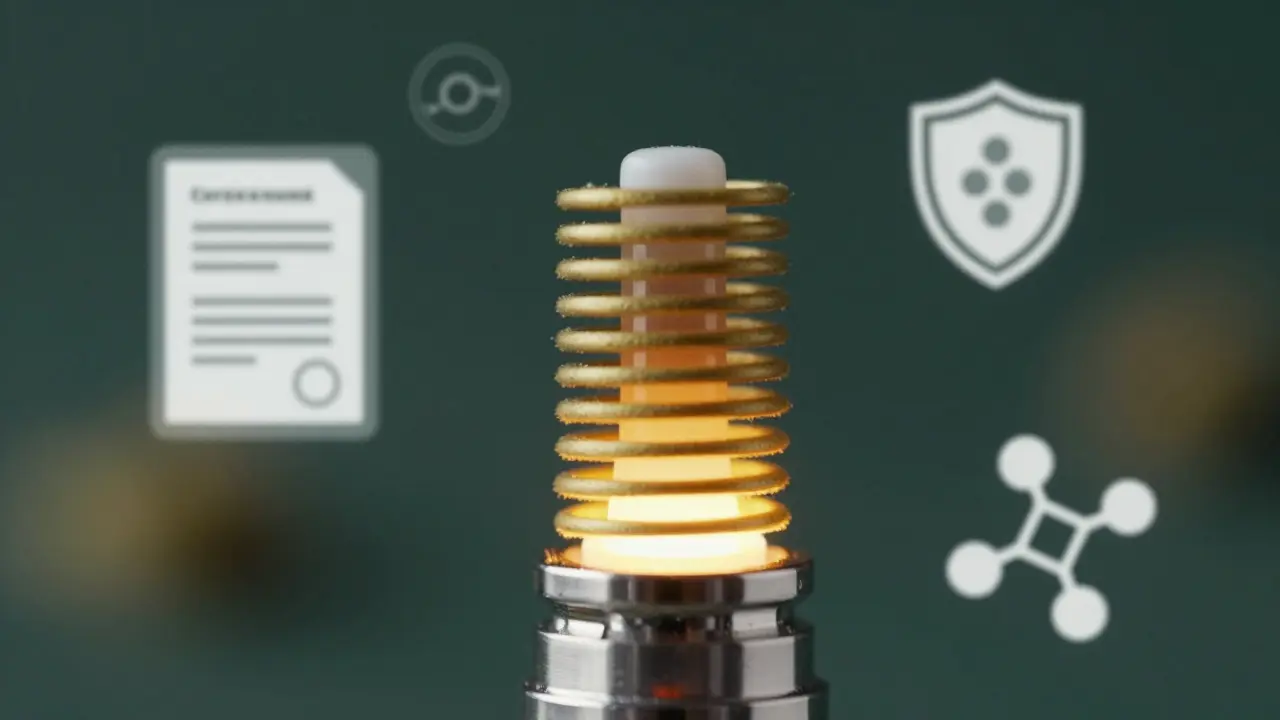 Detail keramického topného tělesa vape pera s symboly kvality a čistoty
