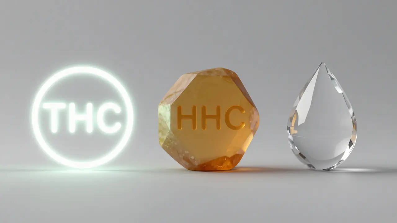 Konceptuální srovnání účinků THC, HHC a CBD pomocí barev a tvarů