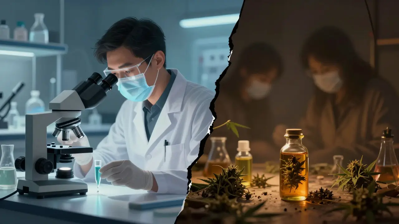 Kontrast mezi sterilní laboratoří pro nikotin a tmavým trhem s THC oleji
