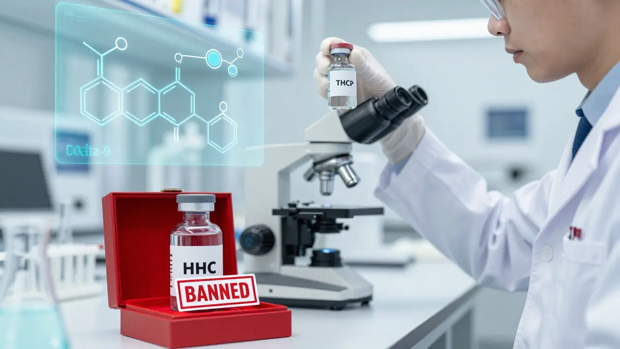 Laboratoř s lahvičkou THCP a zakázaným HHC jako legální alternativou