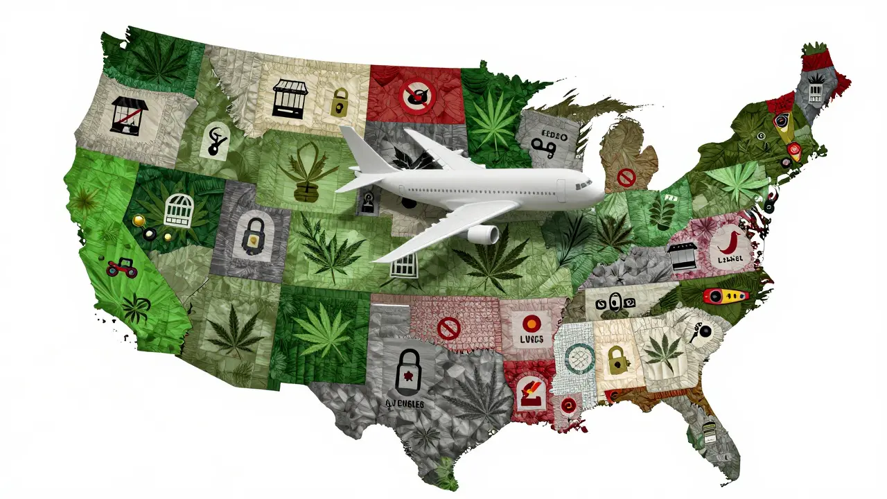 Mapa USA ukazující rozdílné zákony o konopí ve státech