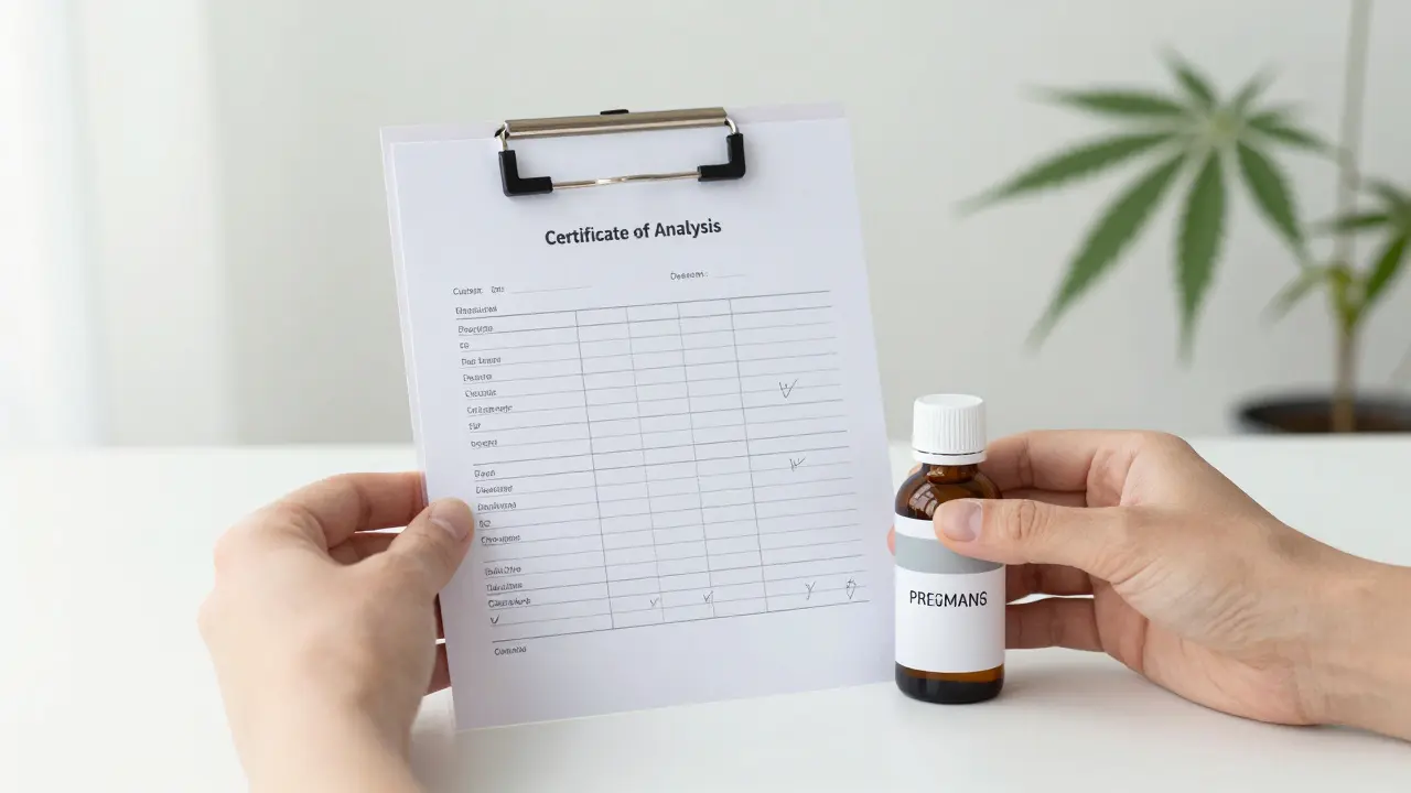 Ruka drží laboratorní protokol u kvalitního konopného produktu