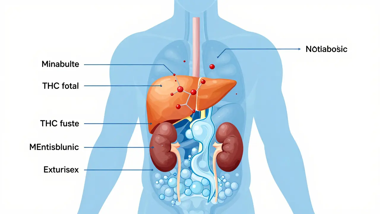 Schéma metabolizmu THC v lidském těle s důrazem na játra a tuky