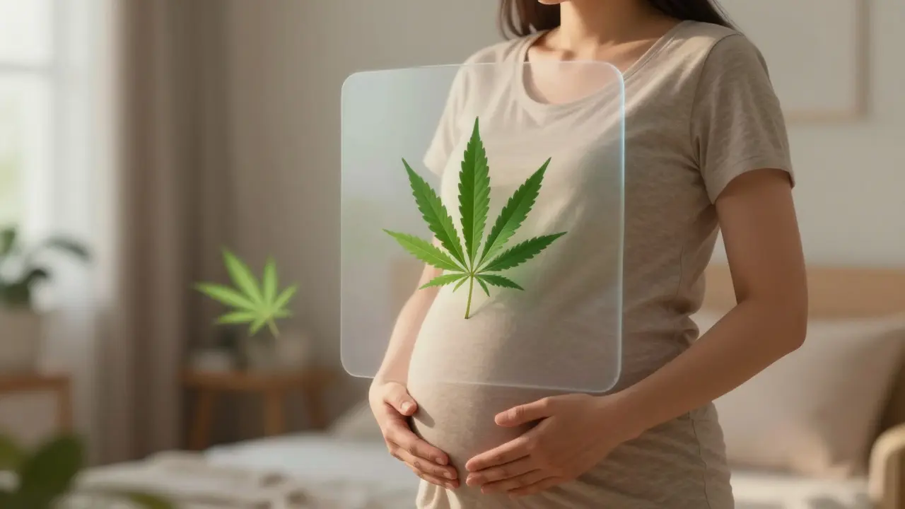 Těhotná žena se štítem proti konopným listům