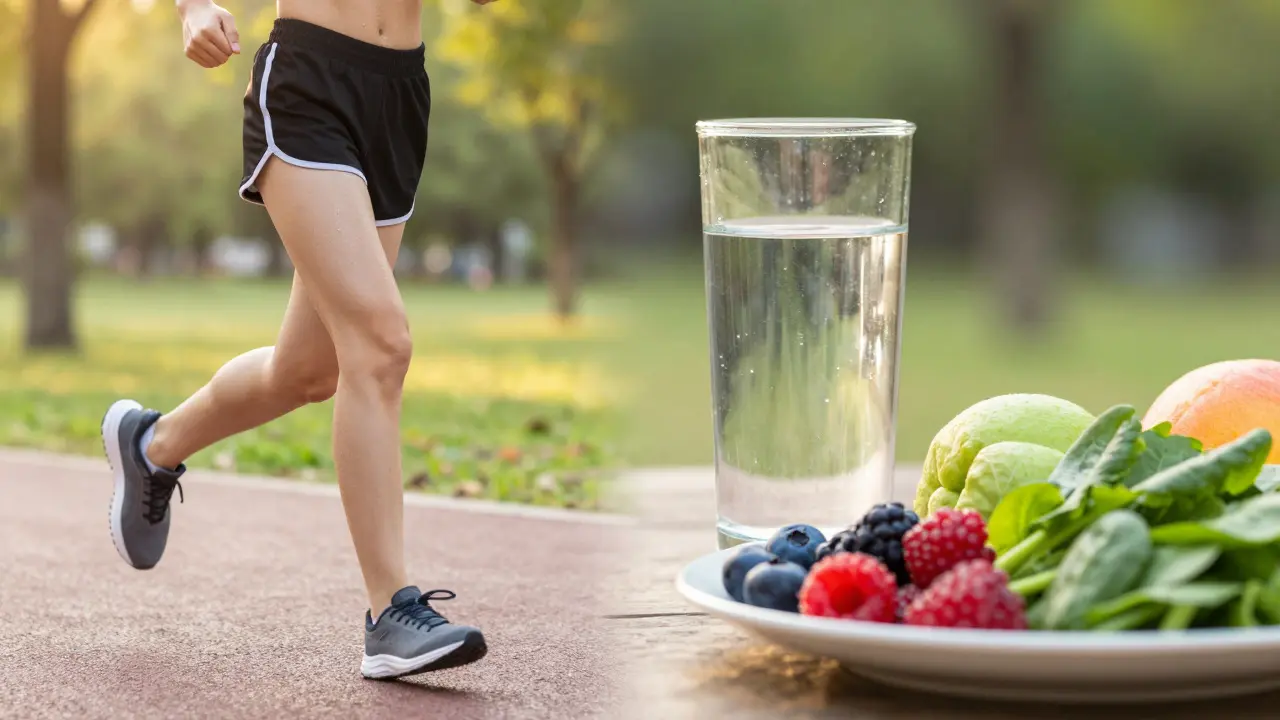 Zdravý životní styl s pohybem, pitím vody a zeleninou pro detoxikaci