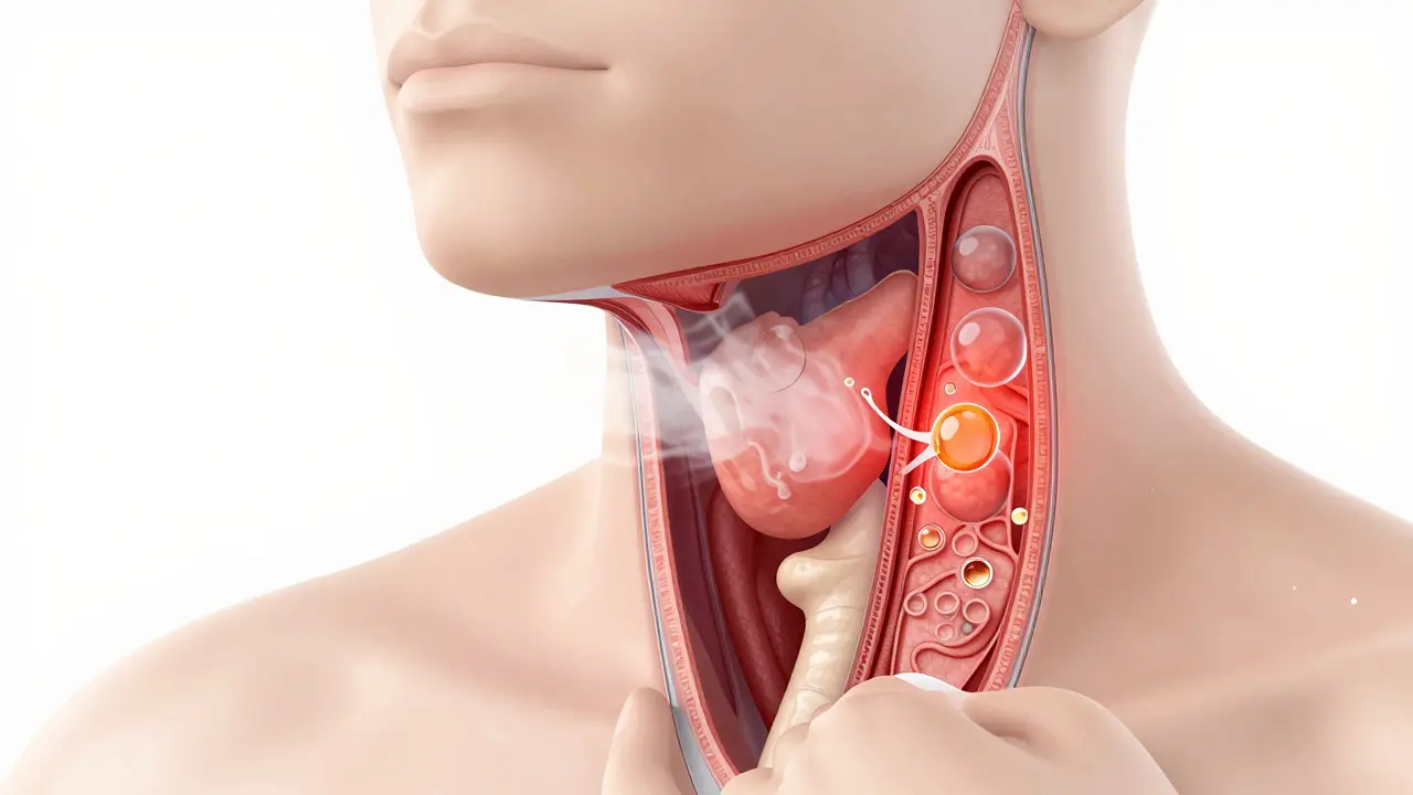 Anatomická ilustrace podrážděného hrtanu a sliznic