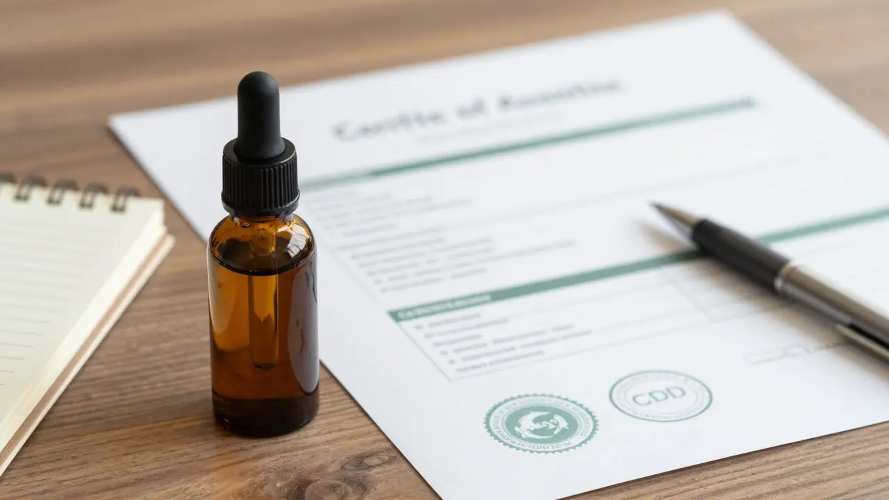 CBD olejová lahvička vedle certifikátu analýzy a deníku dávkování